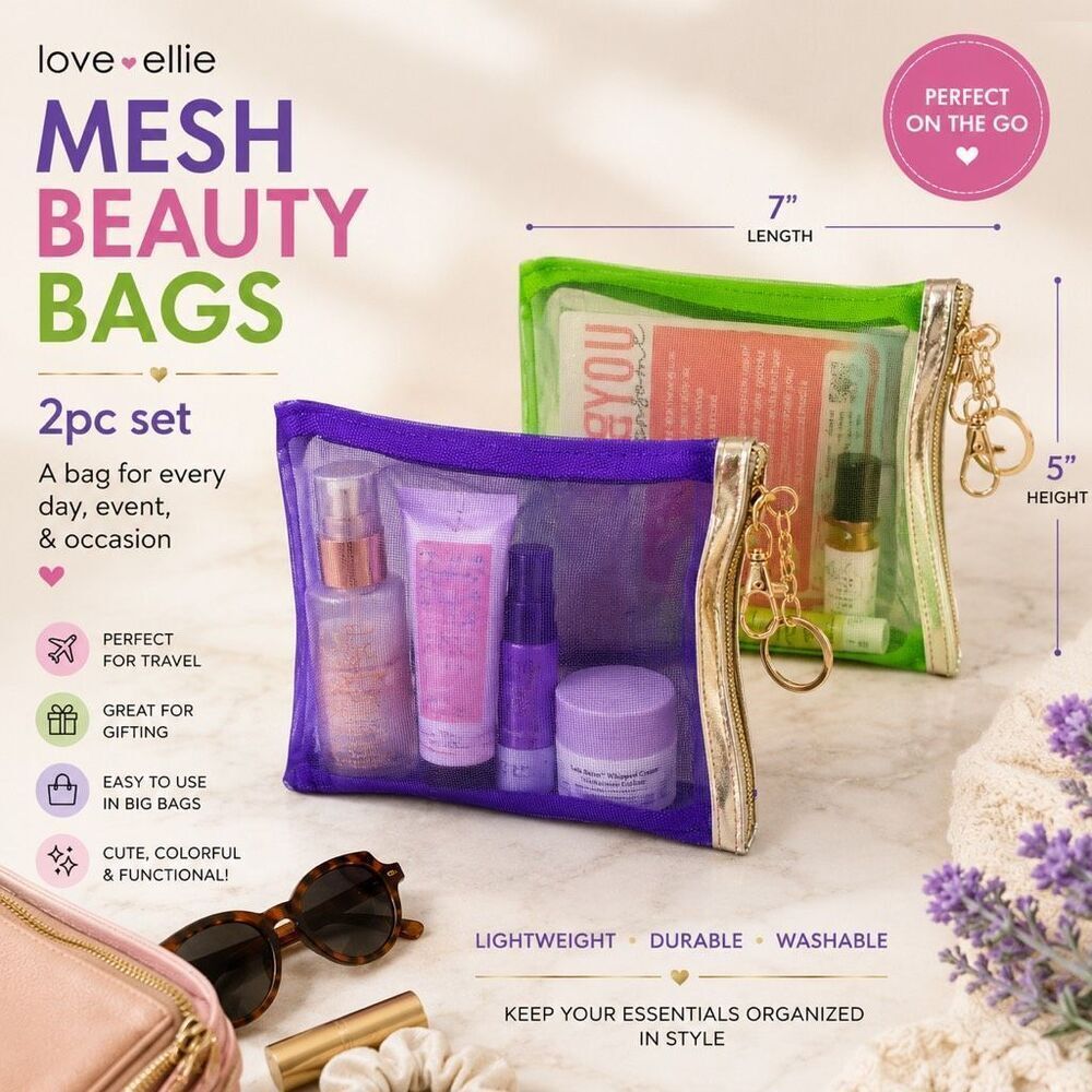 Love Ellie 2Pc Mesh Beauty Bags Set Purple Green Travel Cosmetic Pouches NIP
